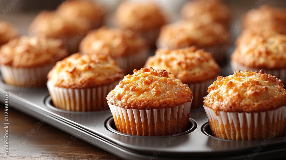 Freshly baked muffins resting in a muffin pan, showcasing their golden, inviting texture and soft appearance, symbolizing warmth, comfort, and the satisfaction of homemade goodness Freshly baked muffins resting in a muffin pan, showcasing their golden, inviting texture and soft appearance, symbolizing warmth, comfort, and the satisfaction of homemade goodness