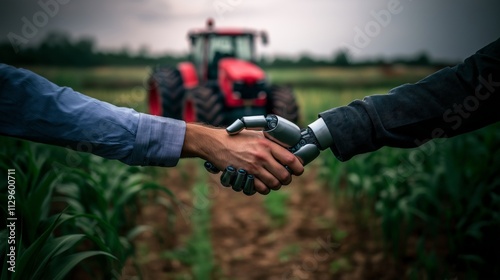 A handshake between a human and an AI robot hand in a green field, showcasing collaboration, innovation, and the integration of technology in modern agriculture photo