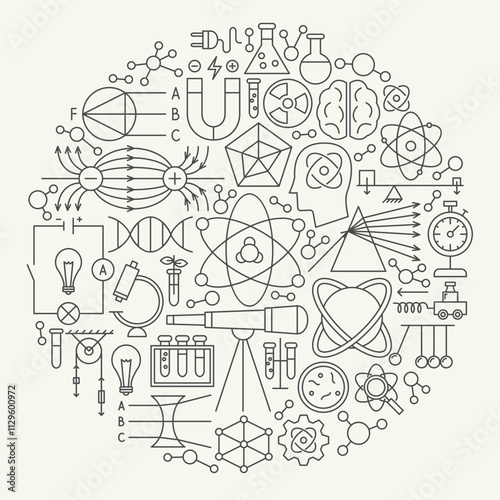 Nuclear Science Line Icons Circle. Vector Illustration of Outline Design. Physics, Biology, Chemistry and Laboratory Objects.