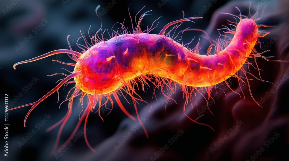 Close-up of a glowing microscopic bacterium with vibrant appendages, representing scientific exploration, microbiology, and cellular biology bacteria in vivid detail Close-up of a glowing microscopic bacterium with vibrant appendages, representing scientific exploration, microbiology, and cellular biology bacteria in vivid detail