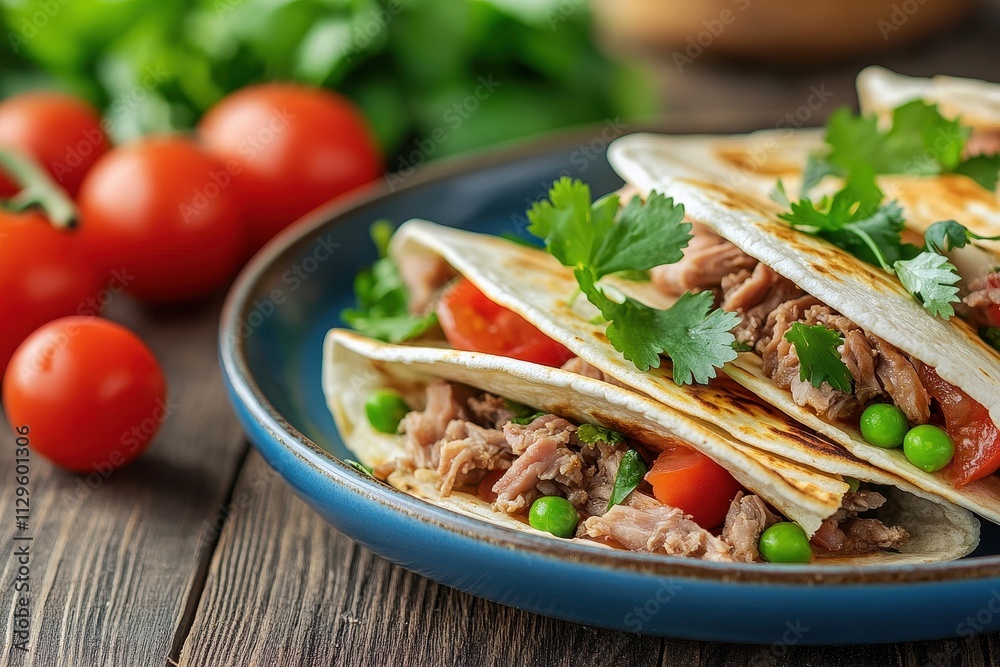 Delicious pork quesadillas with tomato and pea shoots on a blue plate on a wooden table Mexican tacos Delicious pork quesadillas with tomato and pea shoots on a blue plate on a wooden table Mexican tacos