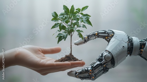 An AI robot hand and a human hand exchanging a tree sapling, symbolizing sustainability, innovation, and harmony between nature and technology for a green future and environment