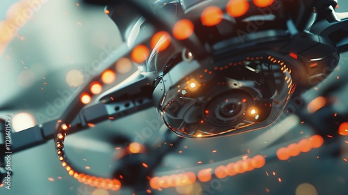 A highly detailed close-up of a drone's propellers and sensors against a blurred background