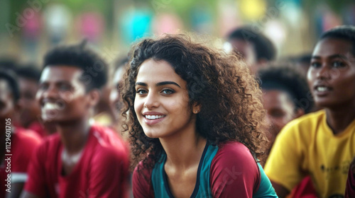 young woman at football club, sitting on grass with teammates, pre-championship match, bonding, tanned skin, curly hair, age 20, outdoor sports