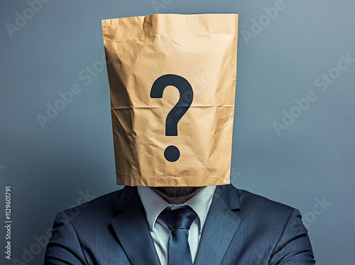 Individual in a suit with a paper bag on their head symbolizing anonymity in a corporate environment photo