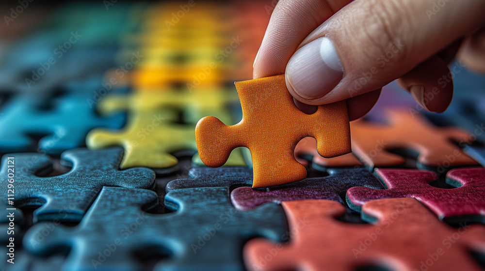 An employee placing a puzzle piece into a larger collaborative project display.