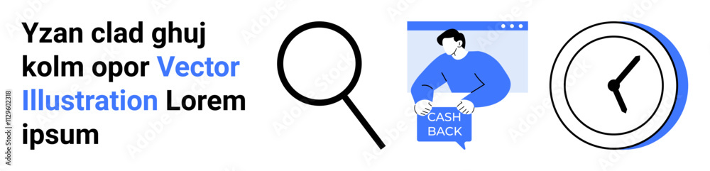 Magnifying glass, person holding cash back sign, and clock. Ideal for websites, marketing, time management tools, business presentations, finance apps, ecommerce, productivity tools. Landing page Magnifying glass, person holding cash back sign, and clock. Ideal for websites, marketing, time management tools, business presentations, finance apps, ecommerce, productivity tools. Landing page