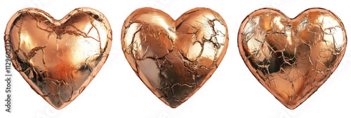 A set of bronze golden hearts isolated 