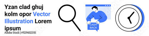 Magnifying glass, person holding cash back sign, and clock. Ideal for websites, marketing, time management tools, business presentations, finance apps, ecommerce, productivity tools. Landing page