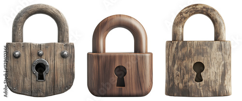 Isolated wooden padlock set	
