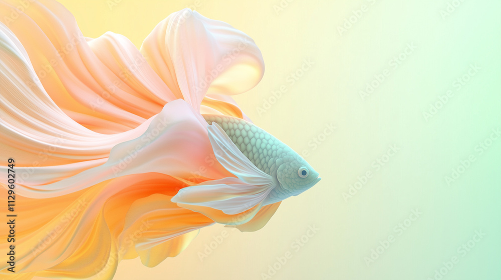 Fototapeta premium close-up of flying rainbow-colored fish, pastel gradient background blending soft blue and greens