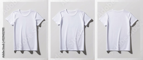 blank white t-shirt displayed from three different angles on light background with shadows photo