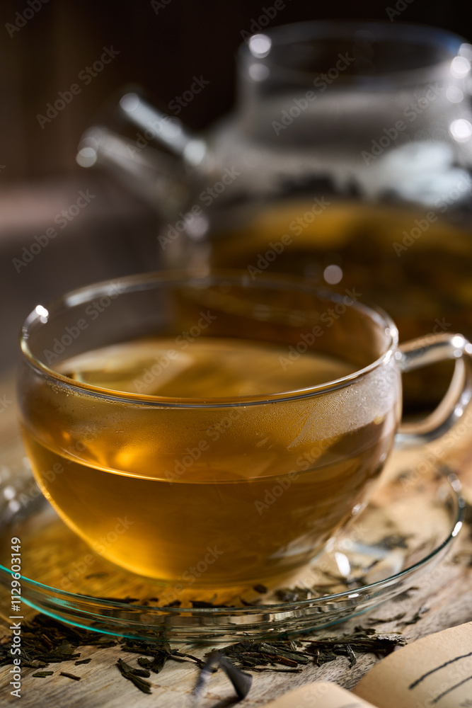 Hot Japanese Sencha tea in a glass cup