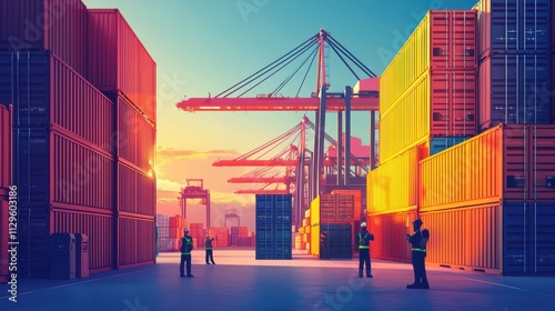A vibrant, modern port scene at sunset, featuring shipping containers, cranes, and workers, capturing the essence of logistics and transportation.