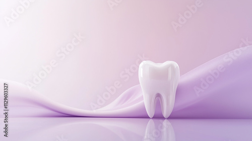 A single, glossy tooth shape with a smooth and polished surface, elegantly displayed against a pastel color background, exuding a clean and minimalist aesthetic
