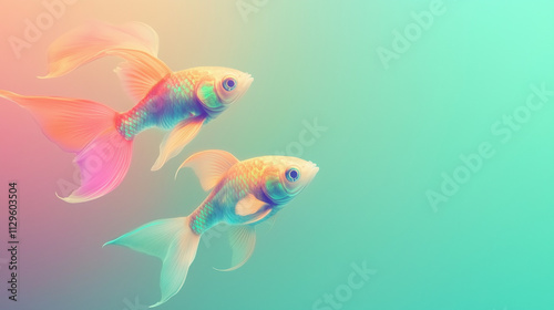 flying rainbow-colored fish, pastel gradient background blending soft blue and greens