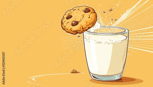 A cookie is dipping into a glass of milk, creating a splash, set against a bright yellow background.
