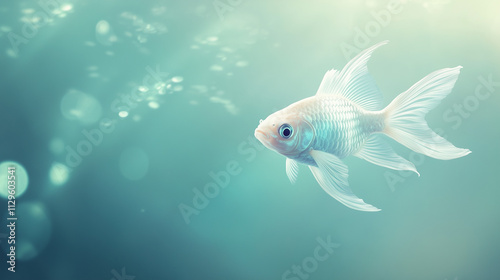 flying rainbow-colored fish, pastel gradient background blending soft blue and greens