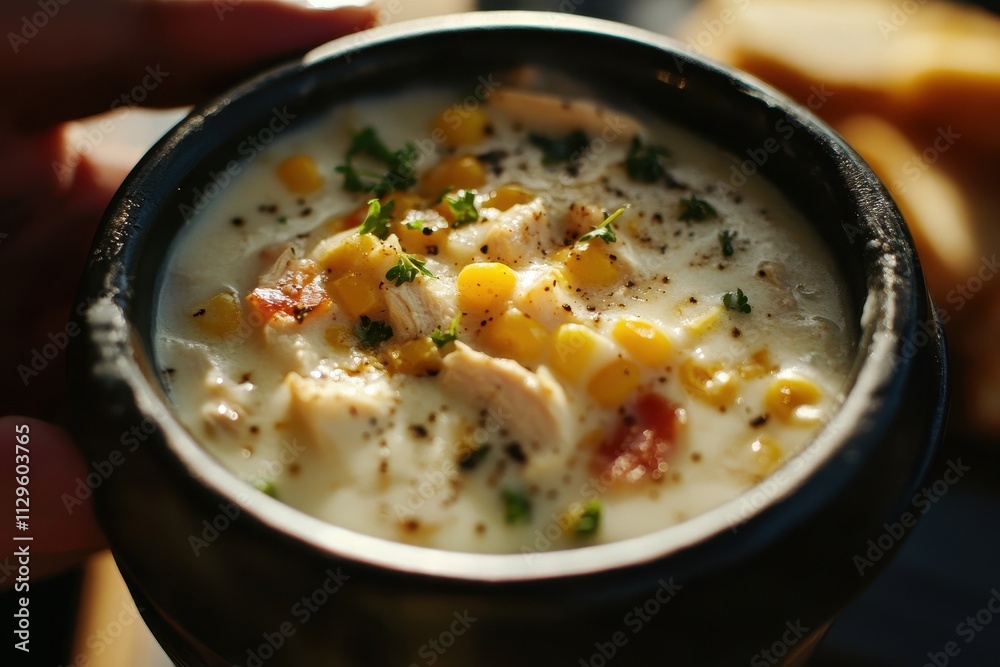 Detailed shot of cheesy chicken corn chowder lit by natural light Detailed shot of cheesy chicken corn chowder lit by natural light