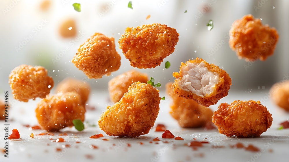 Fried chicken nuggets falling in the air on a white background design,
Fried chicken nuggets falling in the air on a white background design,