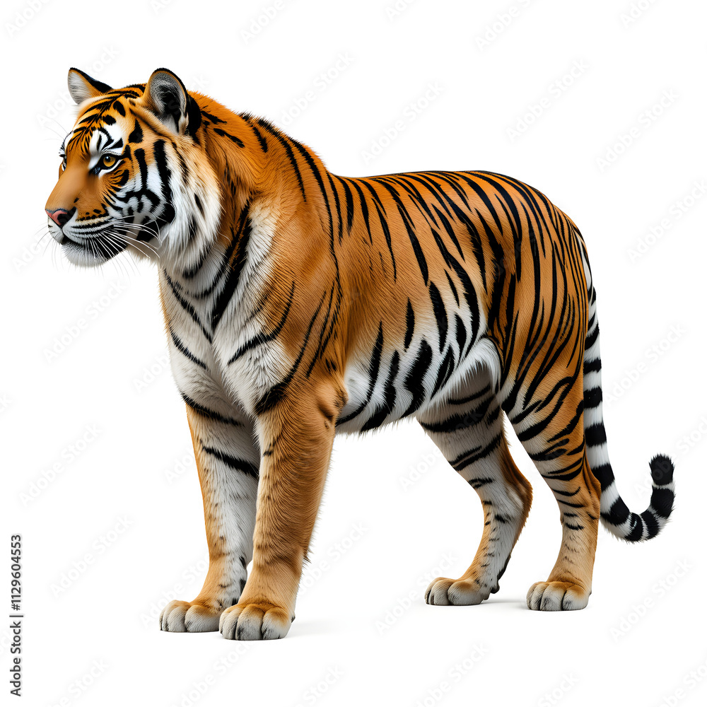 Fototapeta premium Tiger isolated on a white background, Side view, tiger standing full HD image generated by Ai. full body, realistic, full detail looking at the camera, 