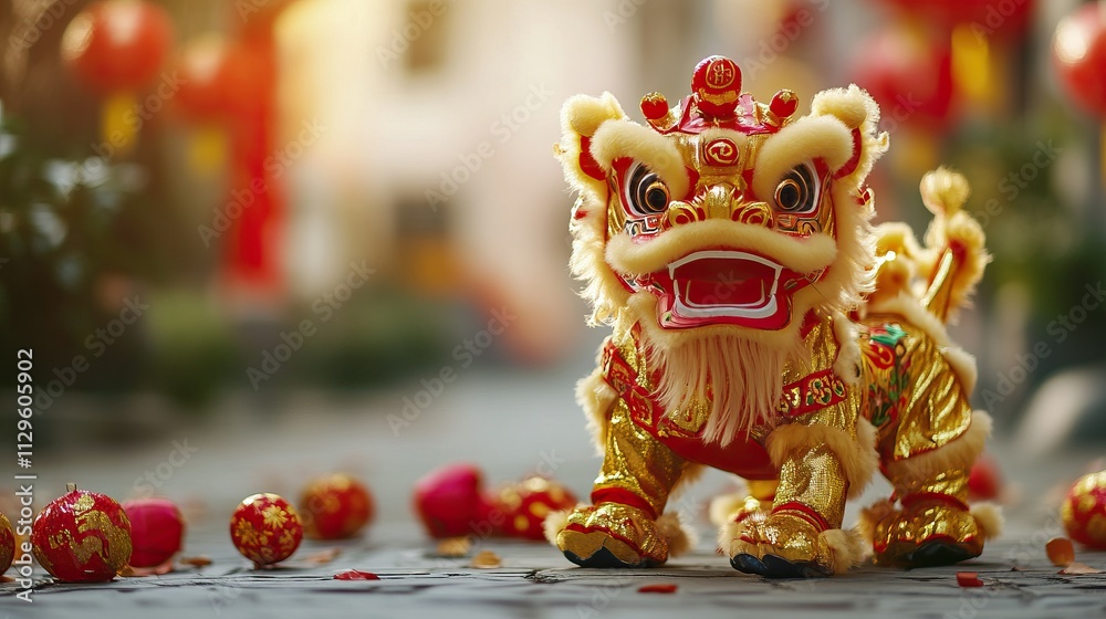Vibrant lion dance puppet with red decorations in festive street celebrating the chinese new year concept. Vibrant lion dance puppet with red decorations in festive street celebrating the chinese new year concept.