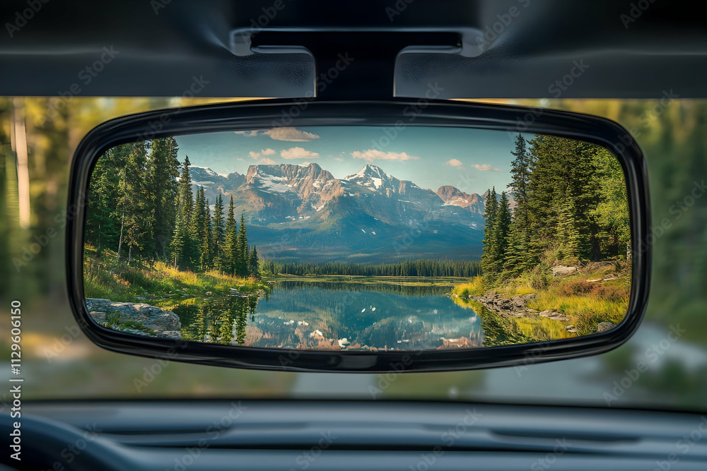 A breathtaking view of majestic mountains and a calm lake is reflected in the rearview mirror A breathtaking view of majestic mountains and a calm lake is reflected in the rearview mirror