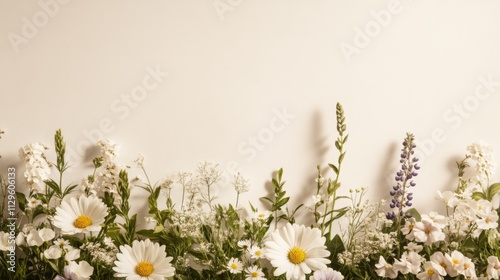 Spring Horizontal chamomille Floral banner. Daisy frame template. Beautiful spring or summer nature season background. Copy space for text, selective focus