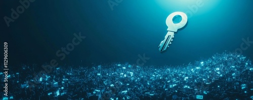 A massive digital key floating above a sea of personal data points, symbolizing the importance of encryption in protecting user privacy