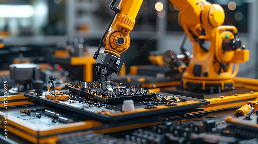 A robot assembling a complex electronic gadget on a workbench with precise movements A robot assembling a complex electronic gadget on a workbench with precise movements