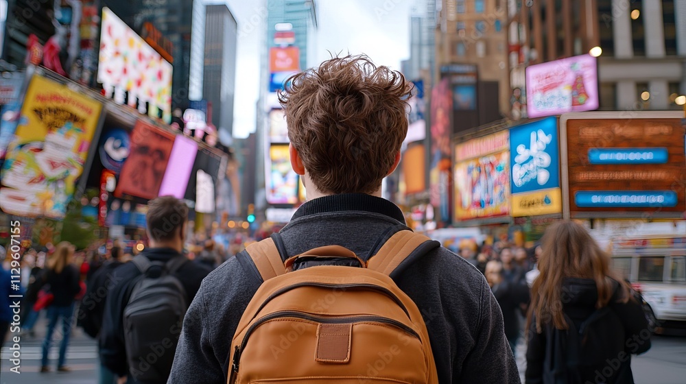 Young Caucasian male with curly hair stands in a bustling city, surrounded by vibrant billboards and crowds. Young Caucasian male with curly hair stands in a bustling city, surrounded by vibrant billboards and crowds.