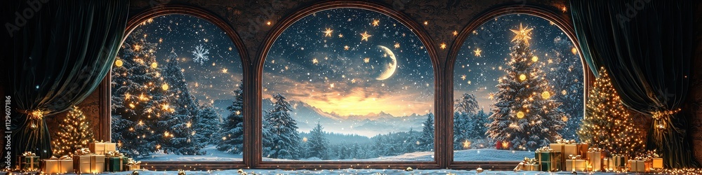 Fototapeta premium Digital Artwork of Ornate Archway Interior at Night, Featuring Christmas Garden Scene and Cozy Elegance