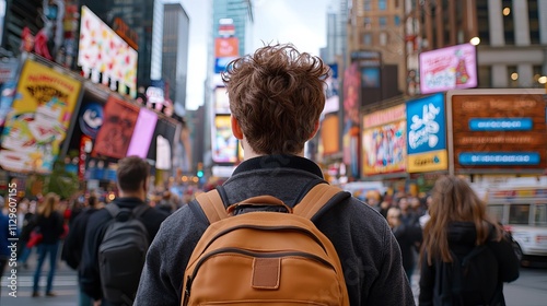 Young Caucasian male with curly hair stands in a bustling city, surrounded by vibrant billboards and crowds.