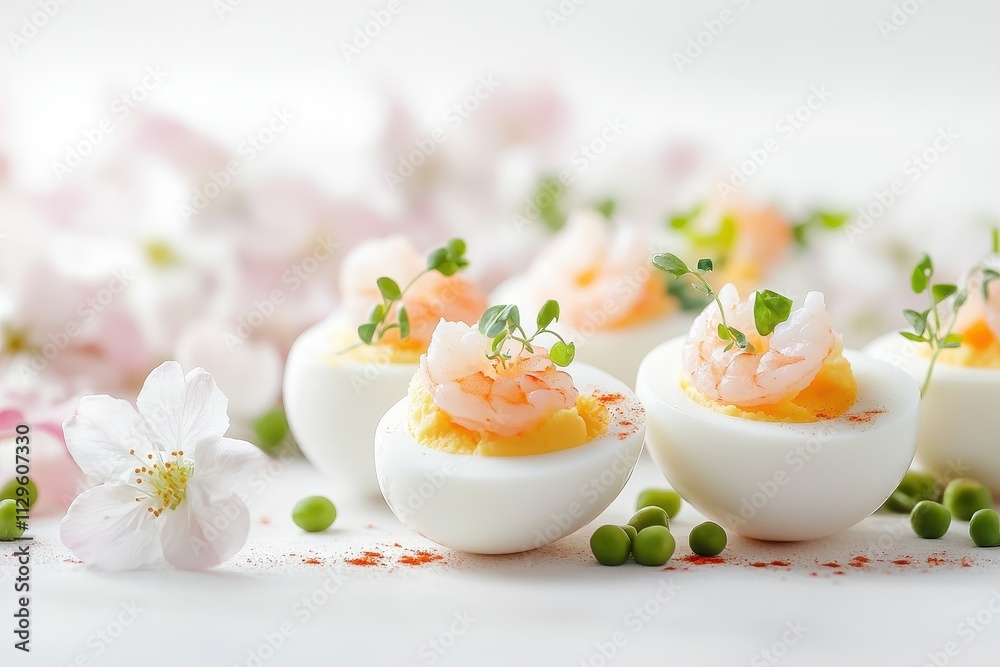 Easter decoration stuffed eggs with shrimp and pea microgreens garnished with cherry or apple blossoms on a light backdrop Traditional dish concept Easter decoration stuffed eggs with shrimp and pea microgreens garnished with cherry or apple blossoms on a light backdrop Traditional dish concept