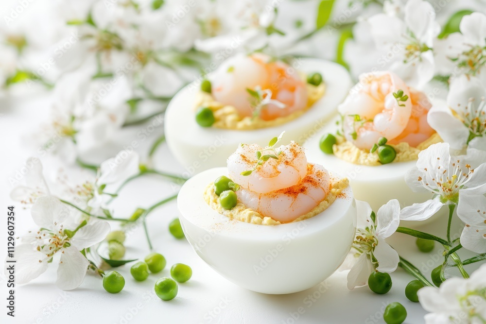 Easter centerpiece featuring deviled eggs shrimp and pea microgreens adorned with cherry or apple blossoms against a light backdrop Traditional dish mock up Easter centerpiece featuring deviled eggs shrimp and pea microgreens adorned with cherry or apple blossoms against a light backdrop Traditional dish mock up