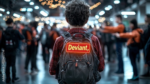 A young boy stands out in a crowd, wearing a backpack with 'Deviant' boldly displayed, evoking curiosity and intrigue.