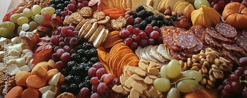 A Thanksgivingthemed charcuterie board filled with fall fruits, cheeses, nuts, and seasonal meats, Thanksgiving appetizers, festive and gourmet snack board photo