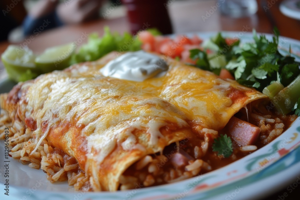 Enchiladas with rice ham peppers in tomato sauce and cheese Enchiladas with rice ham peppers in tomato sauce and cheese