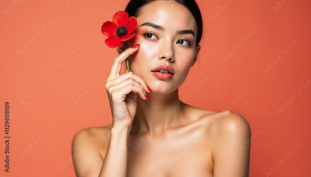 A stylish woman holding a red flower gracefully set against a vivid orange background, emphasizing beauty and color harmony.
A stylish woman holding a red flower gracefully set against a vivid orange background, emphasizing beauty and color harmony.