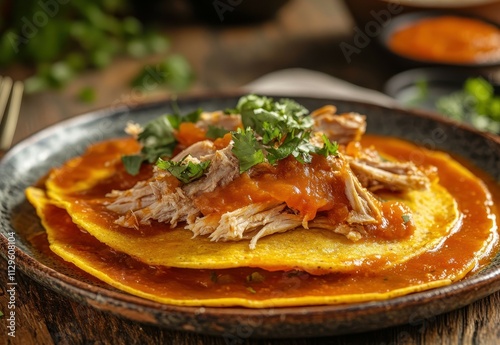 Entomatadas or Enjitomatadas are a traditional Mexican dish made from corn tortillas tomato sauce and shredded chicken Classic homemade recipe photo