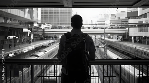 Contemplative Traveler on Train Station Balcony Awaiting Adventure with Backpack