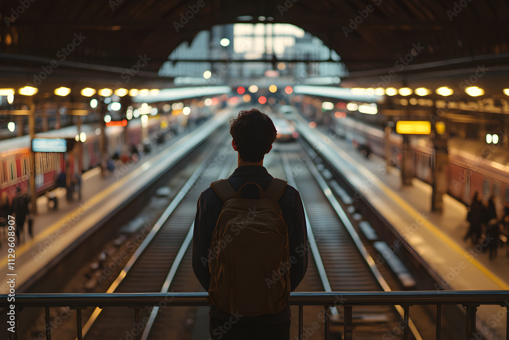 Contemplative Traveler on Train Station Balcony Awaiting Adventure with Backpack Contemplative Traveler on Train Station Balcony Awaiting Adventure with Backpack