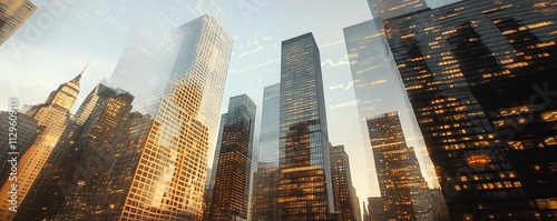 City skyscrapers overlayed with line graphs representing market growth, double exposure effect, urban and sophisticated