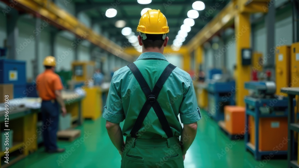 A factory worker wearing a green jumpsuit and yellow hard hat stands with his back to the camera, overlooking a busy factory floor. Concept of industrial work, manufacturing, and factory safety. A factory worker wearing a green jumpsuit and yellow hard hat stands with his back to the camera, overlooking a busy factory floor. Concept of industrial work, manufacturing, and factory safety.