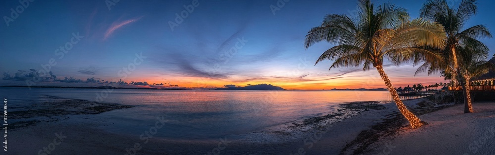 Palm Trees with Christmas Lights Against a Tropical Sunset Palm Trees with Christmas Lights Against a Tropical Sunset
