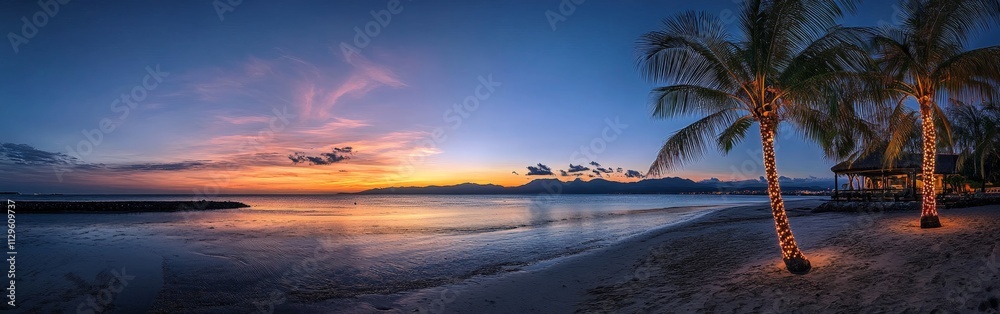 Palm Trees with Christmas Lights Against a Tropical Sunset Palm Trees with Christmas Lights Against a Tropical Sunset