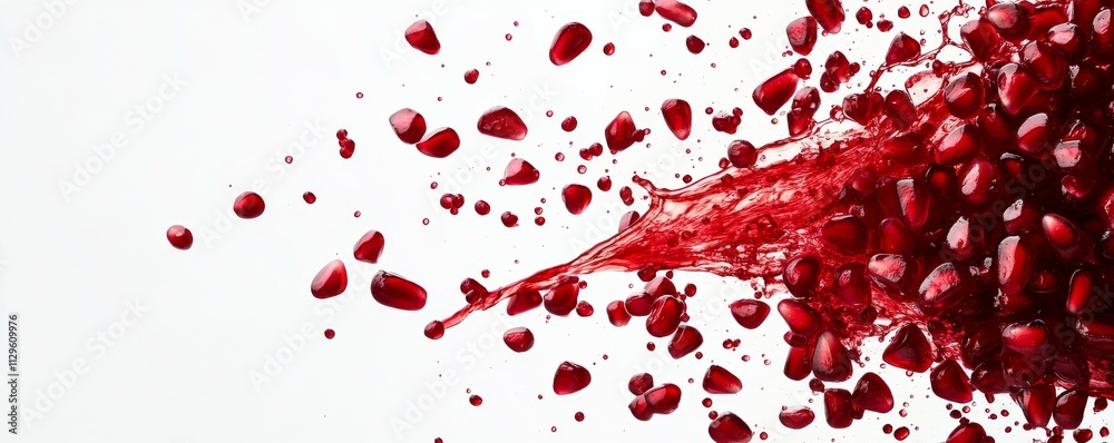 A close-up of a pomegranate seed explosion with droplets of red juice bursting out against a stark white background. A close-up of a pomegranate seed explosion with droplets of red juice bursting out against a stark white background.