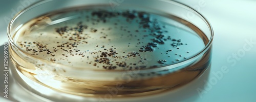 Closeup of bacterial colony growing in a petri dish, soft shadows, highlighting scientific research and discovery