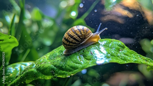 A gentle brown-striped snail glides effortlessly across vibrant green leaves, exploring its aquatic habitat filled with soft light and rich greenery. The tranquil scene captures the beauty of nature photo