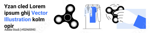 Hand holding fidget spinner in front of blue square, clothes on rack. Ideal for instruction guides, product manuals, mindfulness, stress relief, childrens toys, promotional materials, lifestyle